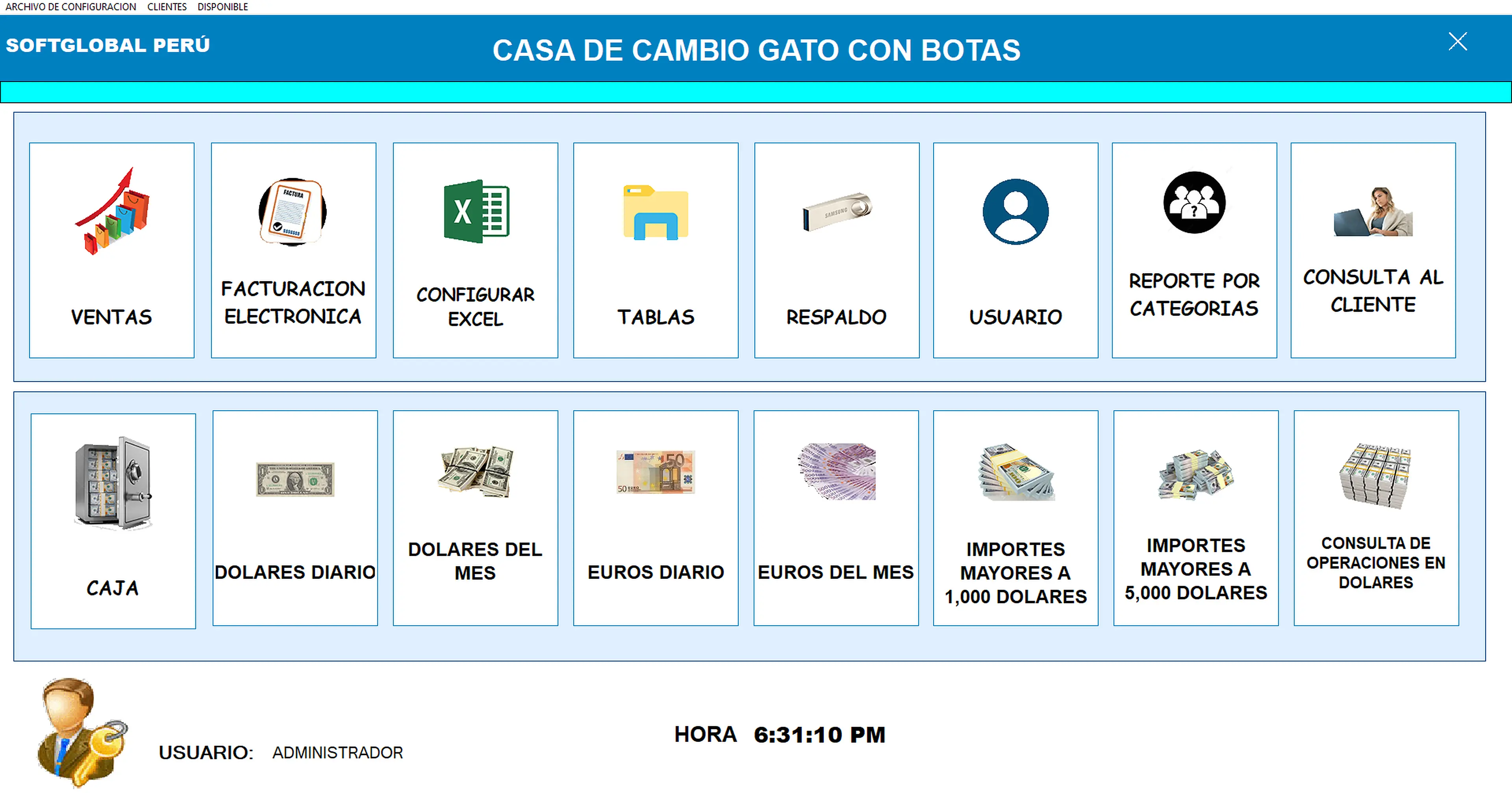 Panel principal del software para casas de cambio