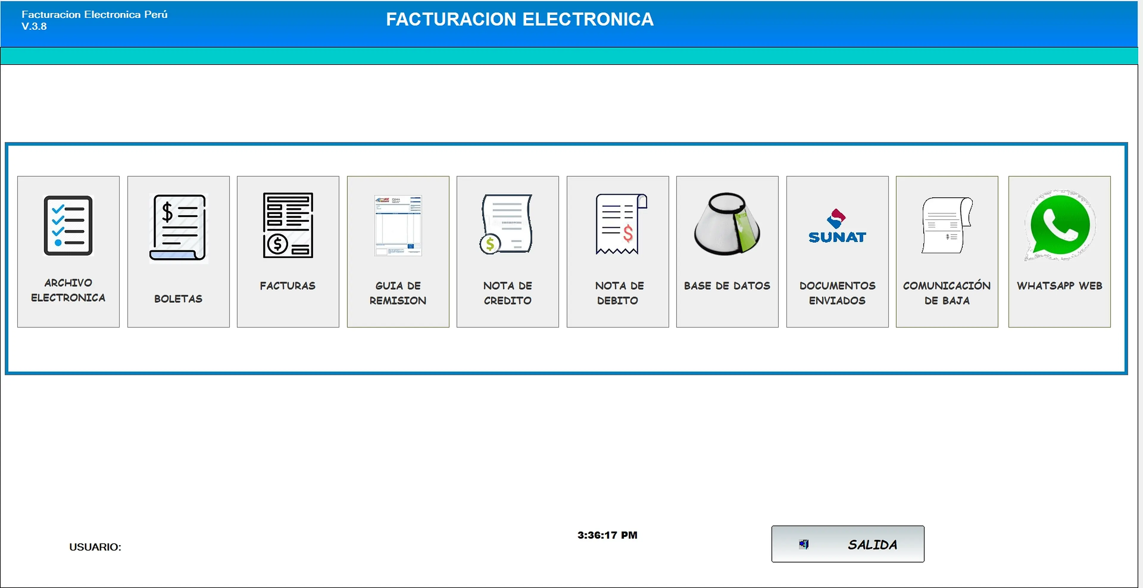 Panel principal del sistema de facturación electrónica
