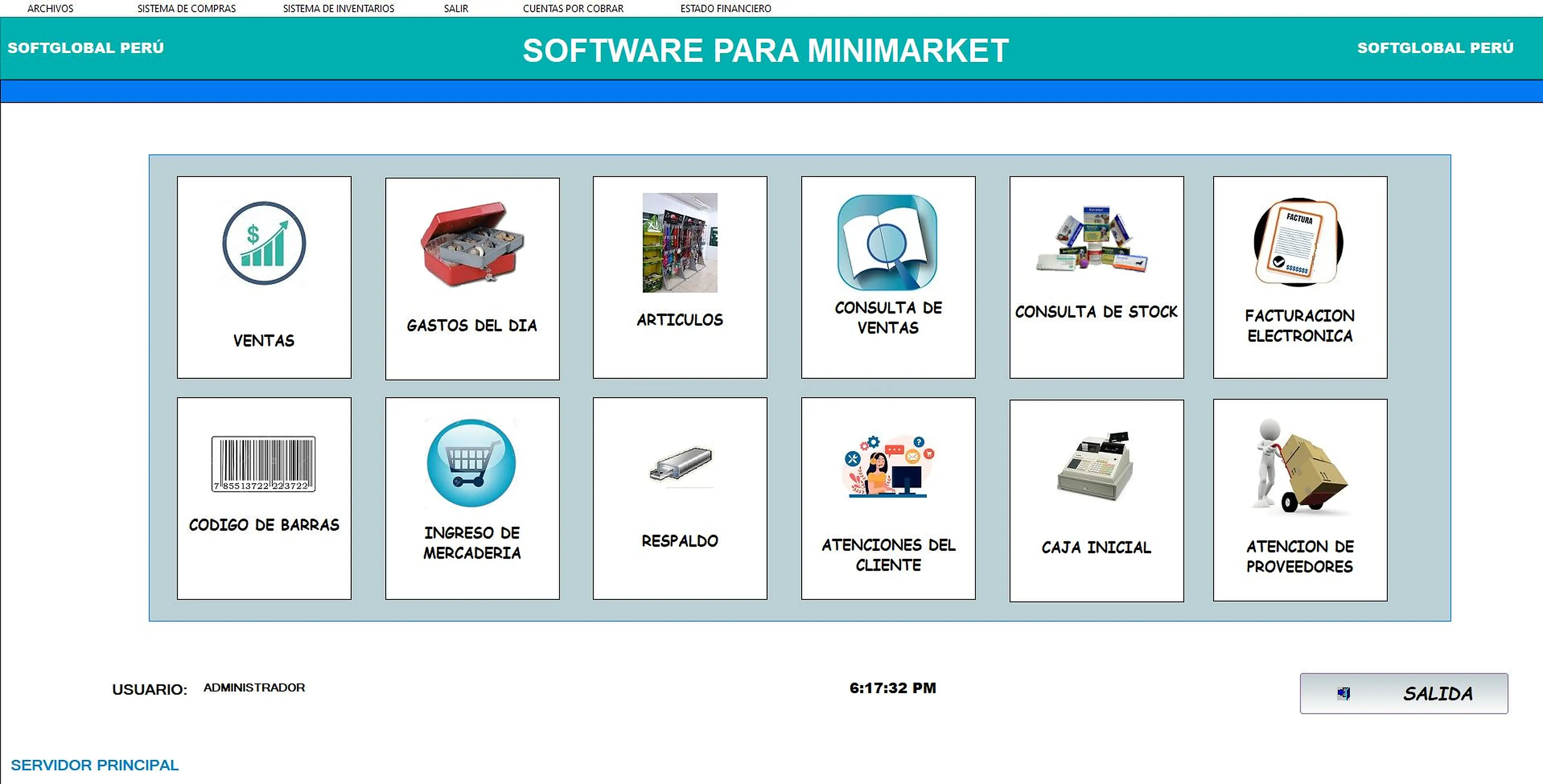 Panel principal del software para minimarkets