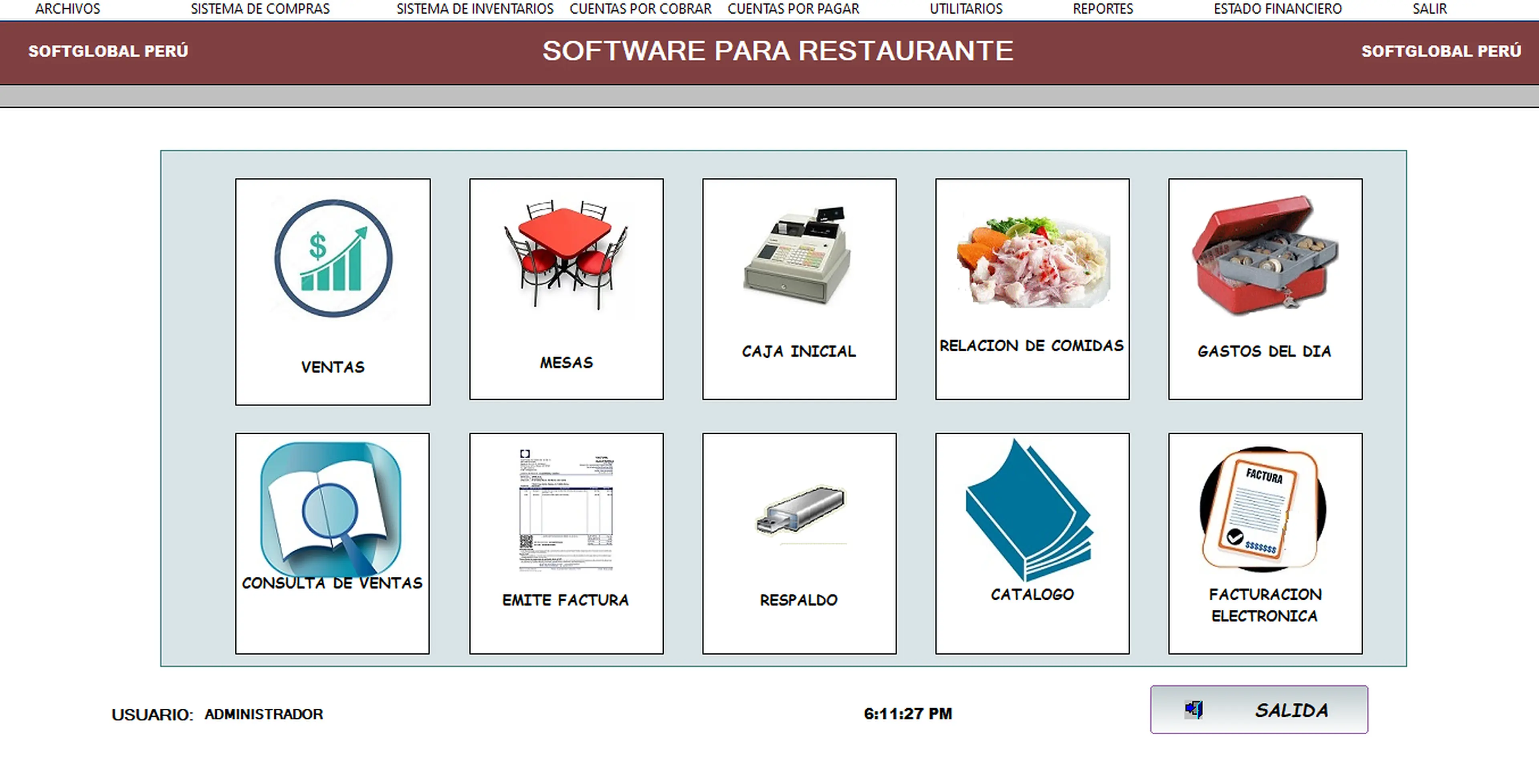 Panel principal del software para restaurantes