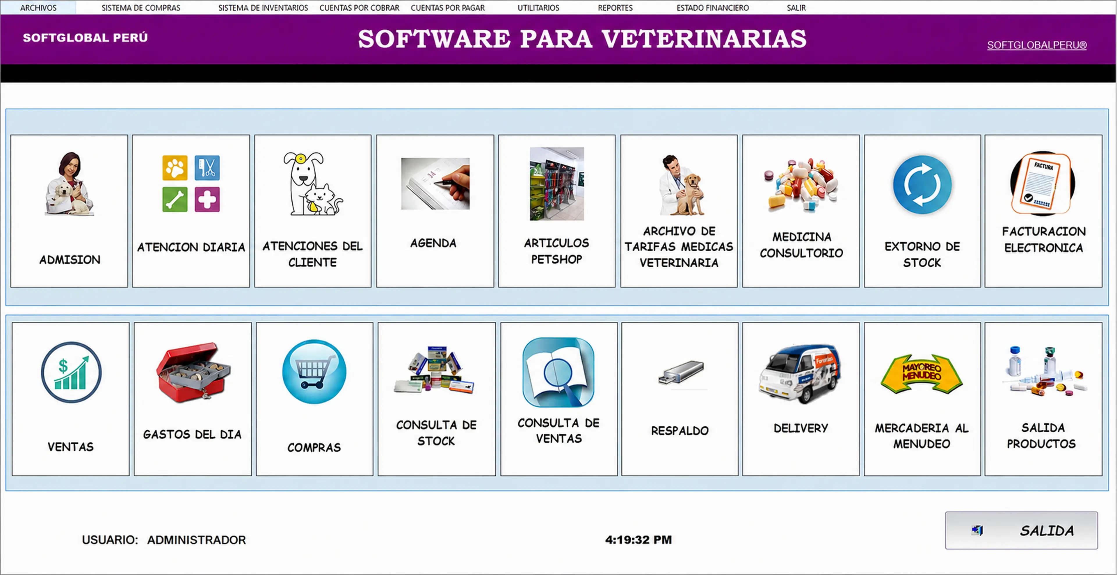 Panel principal del software para veterinarias